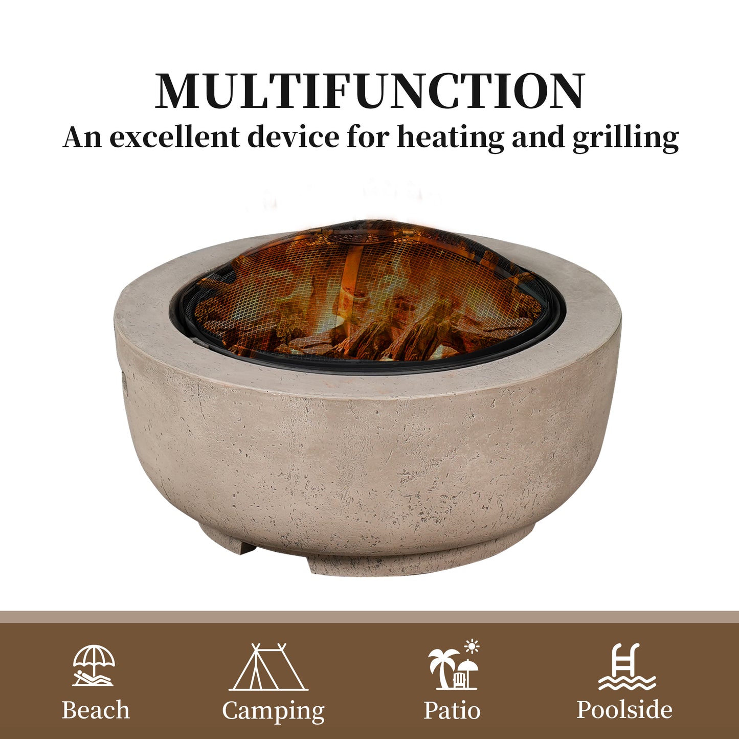 Allwex 23.62'' Round Fire Pit Magnesium Oxide Wood Burning with Spark Screen & Poker for Patio Backyard Garden(Light Brown)