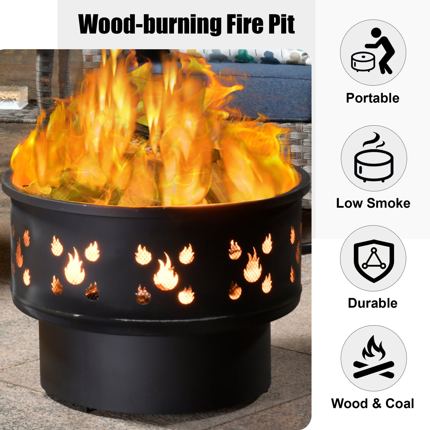 Allwex 25.39'' Outdoor Wood Burning Fire Pit with Drawer and Fire Poker for Emptying Ashes，Suitable for Backyard Garden Picnic Campfire Camping