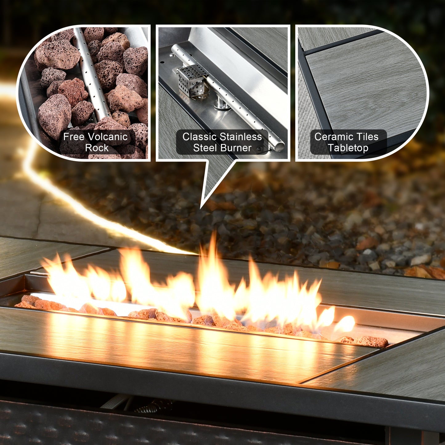 Allwex 43-Inch Propane Fire Pit Table, 50000 BTU Rectangular Gas Fire Pit With Volcanic Rock,Lid & Dust Cover,Stainless Steel Burner Patio Fire Table