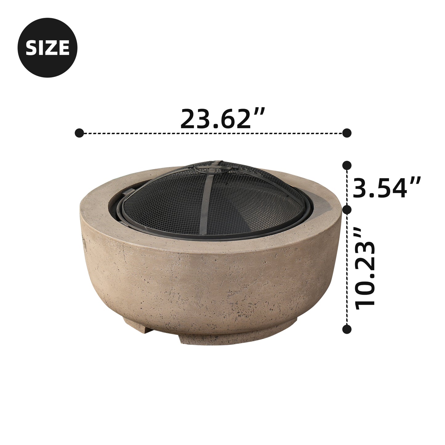 Allwex 23.62'' Round Fire Pit Magnesium Oxide Wood Burning with Spark Screen & Poker for Patio Backyard Garden（Light Brown）