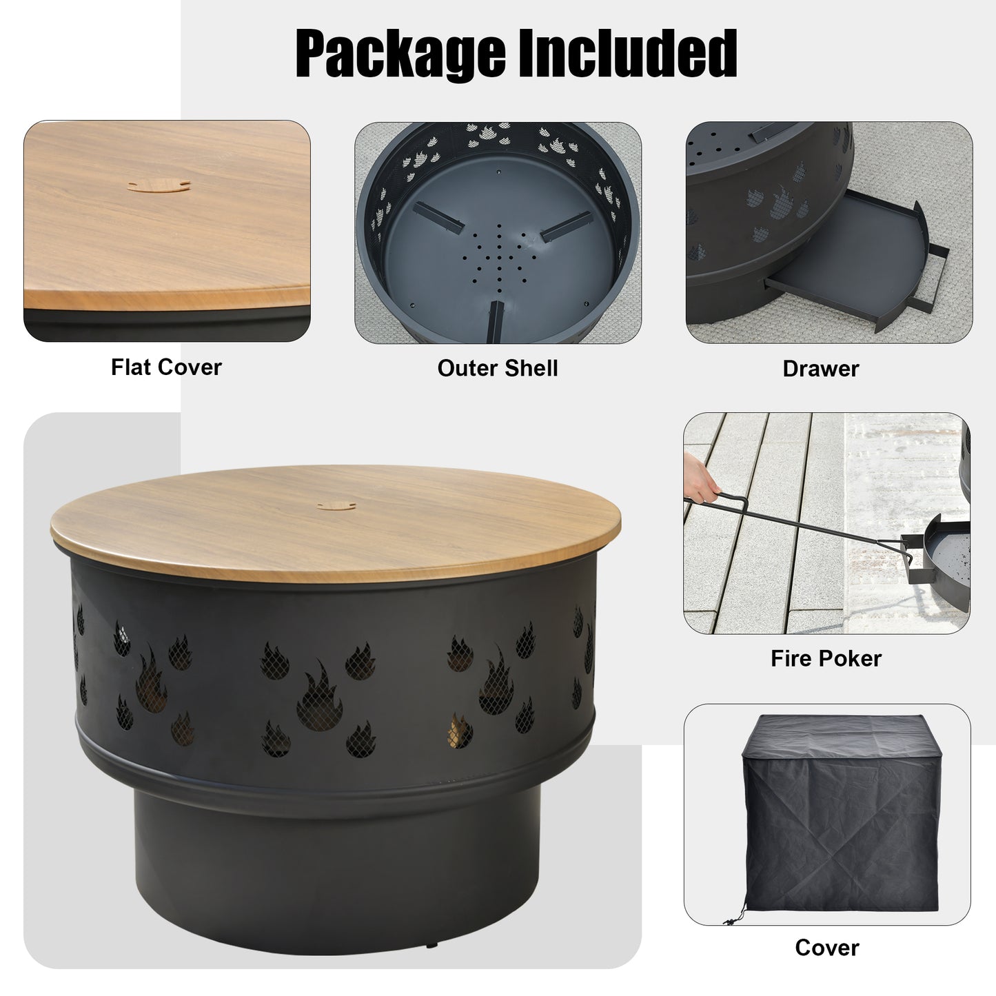 Allwex 25.39'' Outdoor Wood Burning Fire Pit with Drawer and Fire Poker for Emptying Ashes，Suitable for Backyard Garden Picnic Campfire Camping