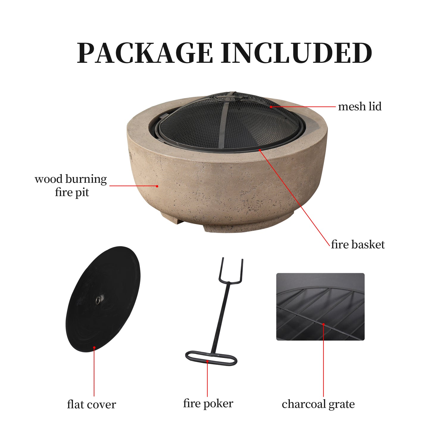 Allwex 23.62'' Round Fire Pit Magnesium Oxide Wood Burning with Spark Screen & Poker for Patio Backyard Garden（Light Brown）