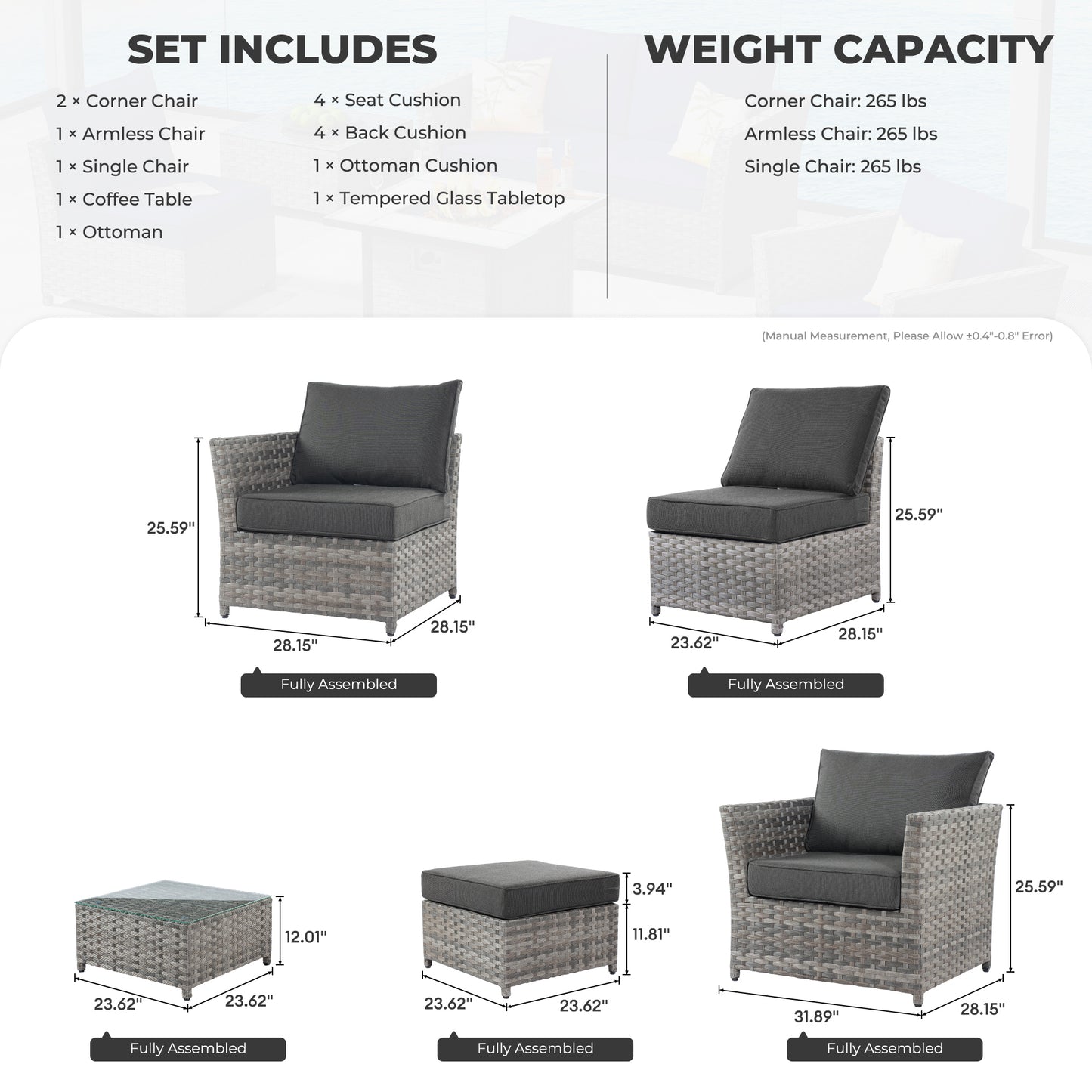 Allwex Outdoor Patio Furniture 4-Piece Garden Furniture Set Clearance Sale, Fully Handwoven Wicker Chairs Soft Touch Patio Sofa with Ottomans, All-Weather Outdoor Furniture Set(Black)